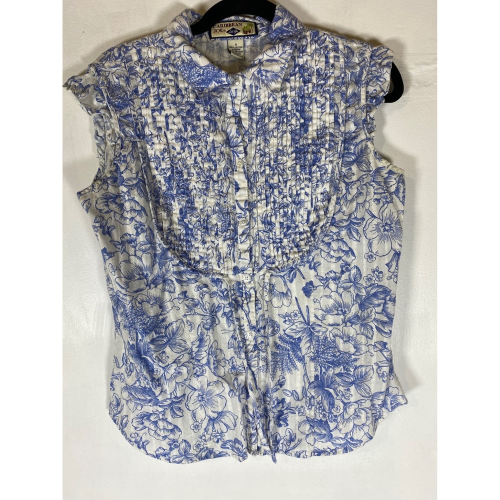 S Blue White Floral Pintuck Button Front Cap Sleeve 100% Cotton Top Cottagecore